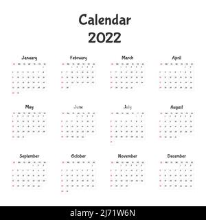 Kalender für 2022. Die Woche beginnt am Sonntag. Alle Monate. Design der Kalendervorlage. Vektor Stock Vektor