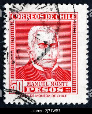 CHILE - UM 1956: Eine in Chile gedruckte Briefmarke zeigt Manuel Montt, chilenischer Politiker und Scholar, Präsident von Chile 1851-1861, um 1956 Stockfoto