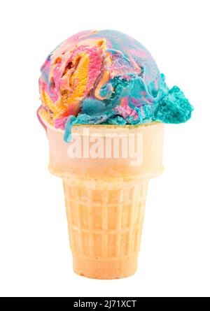 Eine einzelne Schaufel aus einhornfarbenem Eis in einem Kegel Stockfoto