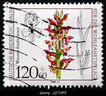 DEUTSCHLAND - UM 1984: Eine in Deutschland gedruckte Briefmarke zeigt Anacamptis coriophora, Orchid, um 1984 Stockfoto