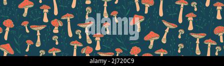 Nahtloses Muster mit Fliegenpilzen und Wildgras. Vektorgrafik. Stock Vektor
