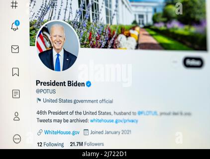 Twitter Seite des amerikanischen Praesidenten Joe Biden, POTUS, Twitter, Soziales Netzwerk, Internet, Internetpage, Bildschirmfoto, Detail Stockfoto