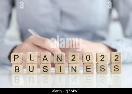 Business Plan Text auf Holzwürfeln und Geschäftsfrau mit Stift Stockfoto