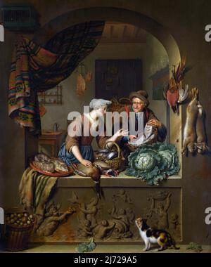 Eine Frau und ein Fischhändler in einer Küche des niederländischen Künstlers Willem van Mieris (1662-1747), Öl auf Eiche, 1713 Stockfoto