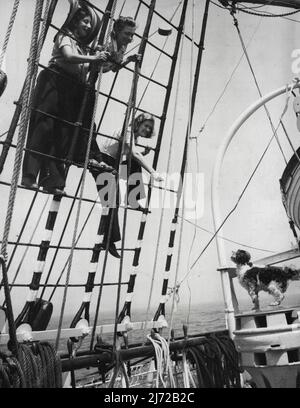 'IT's A Grand Life' -- Girls in the Rigging voller Lächeln am Ende ihrer langen Seetour winken die drei Mädchen zum Captain's Dog 'King', während sie das Takelieren des Schiffes erklimmten. L an R. Miss Olive Aboomey (Gleneig, S. Australien) Miss Jocelyn Hall, ***** Frau Joan Johannson von Adelaide. Als gestern (Mi) die 2.670-Tonnen-Viermaster-Barke 'Viking' in Falmouth ankam, bedeutete dies das Ende einer 139-tägigen Seetour für drei der jungen Mädchen an Bord. Die Reise begann in Port Victoria, S. Australia, und die Mädchen hatten einen echten Geschmack von Seemannschaft. Joan Johannson aus Adelaide, der als Verwalter der fungierte Stockfoto