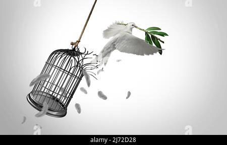 Kraft des Friedens und der Freiheit opfern Diplomatie oder Hoffnungssymbol wie eine Taube mit Olivenzweigen, die aus einem Vogelkäfig-Gefängnis ausbrechen. Stockfoto