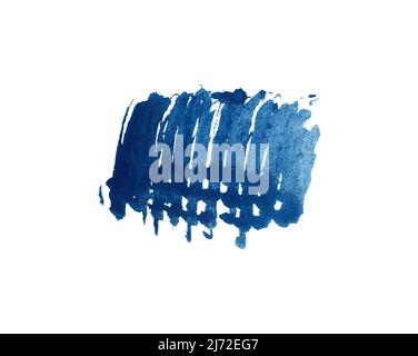 Blaue Farbe künstlerische Aquarellmalerei Pinselstrich isoliert auf weißem Hintergrund kreative abstrakte Form Muster handgemalt strukturierte Aquarellflecken Stockfoto