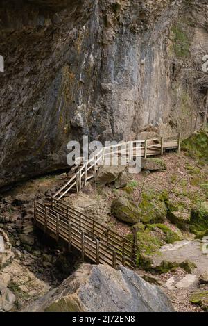 Holzsteg entlang der Höhlenwände am Eingang der Unteren Dancehall-Höhle. Maquoketa Caves State Park, Iowa, USA. Stockfoto