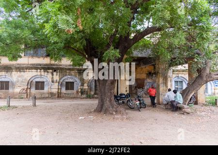 Vellore, Tamil Nadu, Indien - September 2018: Bäume vor einem Gebäude aus der Kolonialzeit im Vellore Fort Komplex. Stockfoto