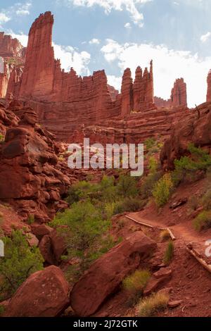 Der Fisher Towers Trail in der Nähe von Moab, Utah, USA, bietet eine wunderschöne Landschaft mit seltsam geformten Sandsteinformationen, die durch Erosion entstanden sind. Stockfoto