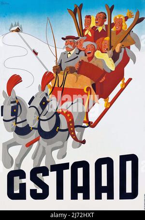 Reiseposter Jahrgang 1940s -Seiler – GSTAAD – Wintersport 1942. Pferd und Schlitten voller Skifahrer. Schweiz, Schweiz Stockfoto