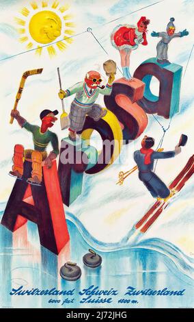 Vintage 1930s Winter Sports Travel Poster - Arosa , 1938 Stockfoto
