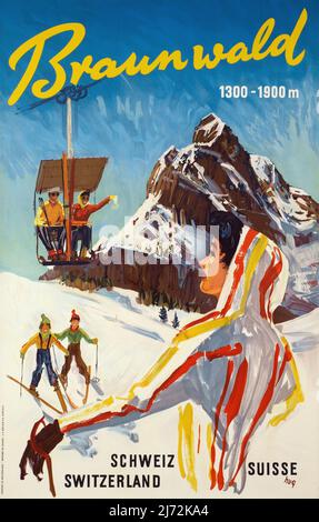 VINTAGE 1950s SKIREISEPLAKAT Braunwald, Schweiz Schweiz Suisse Fritz Rudolf UMARMT um 1950 Stockfoto