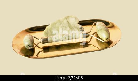 Gua Sha Massage Steininstrumente. Abstreifer und Rolle. Stockfoto