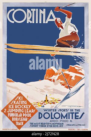 Reiseinplakat Jahrgang 1930s - Cortina Dolomiten - Wintersport, c 1930. Franz Lenhart (1898-1992). Stockfoto