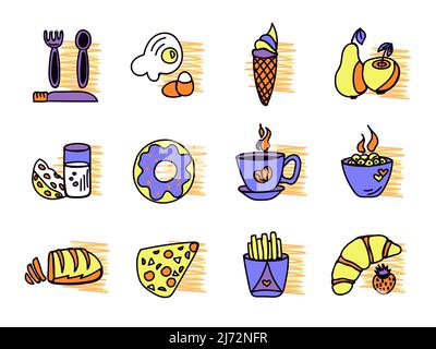 Speisen Helle Kritzeleien, Symbol in gelb-violetten Farbtönen Stock Vektor