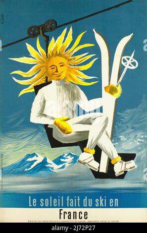 VINTAGE FRANZÖSISCH SKI POSTER LE Soleil fait du Ski en France ( die Sonne ist Skifahren in Frankreich ) Jacques DUBOIS um 1950 Stockfoto