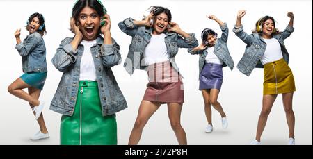 Zusammengesetztes Lifestyle-Porträt einer jungen Frau, die einen Minirock aus Leder und eine Jeansjacke mit Kopfhörern trägt und auf weißem Hintergrund tanzt Stockfoto