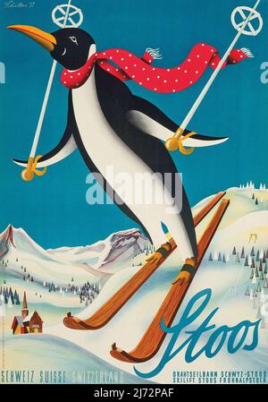 Vintage 1950s Winter Sports Travel Poster - STOOS, Schweiz Stockfoto