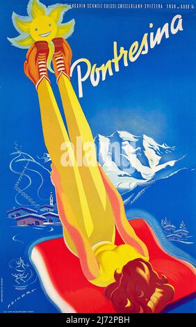 VINTAGE 1950s REISEPOSTER Pontresina - Schweiz Stockfoto