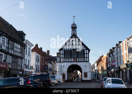 Bridgnorth Town Hall ein schwarz-weißes, mit Holz verkleidetes Gebäude in Shropshire, Großbritannien Stockfoto