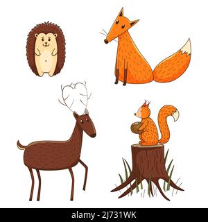 Eine Reihe von farbigen Kritzeln. Einfache niedliche Waldtiere. Fuchs, Hirsch, Igel, Eichhörnchen auf einem Stumpf. Dekorative Elemente mit Strich und Füllung. Farbvekt Stock Vektor