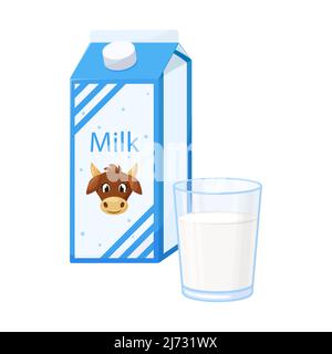 Eine geschlossene Papierkiste mit Milch und einer Kuh auf dem Etikett. Ein klares Glas mit frischer Milch. Lebensmittel, Milchprodukte. Farbvektordarstellung isoliert ein Stock Vektor