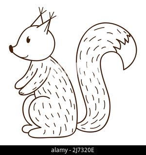 Ein einfaches niedliches Eichhörnchen. Ein wildes Säugetier aus dem Wald. Dekoratives Element mit Umriss. Doodle, handgezeichnet. Schwarz-weiße Vektorgrafik. Isoliert auf einem w Stock Vektor