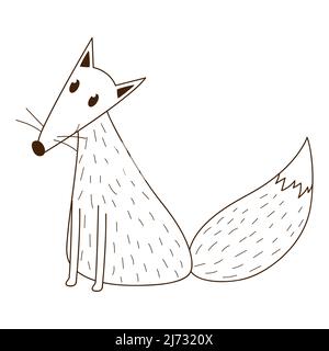 Ein einfacher niedlicher Fuchs. Ein wildes Säugetier aus dem Wald. Dekoratives Element mit Umriss. Doodle, handgezeichnet. Schwarz-weiße Vektorgrafik. Isoliert auf einem weißen Stock Vektor