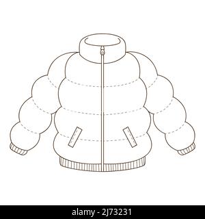 Daunenjacke. Herbstliche Oberbekleidung. Designelement mit Umriss. Herbstthema. Doodle, handgezeichnet. Schwarz-weiße Vektorgrafik. Isoliert auf einem weißen Bac Stock Vektor