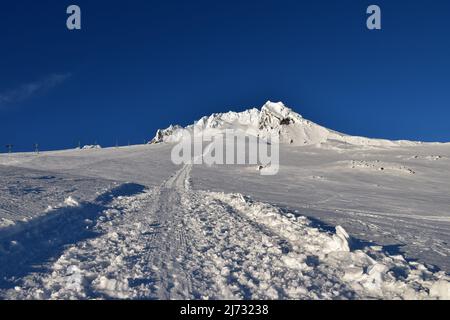 Landschaftsansichten auf dem präparierten unteren Abschnitt der Südseite des Kletterers zum Gipfel des Mt Hood, dem höchsten Berg von Oregon, im Januar 2022. Stockfoto