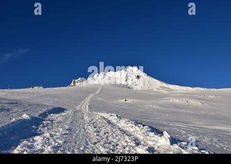 Landschaftsansichten auf dem präparierten unteren Abschnitt der Südseite des Kletterers zum Gipfel des Mt Hood, dem höchsten Berg von Oregon, im Januar 2022. Stockfoto