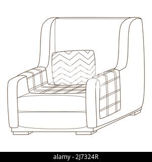Ein Sessel mit einer Decke und einem Kissen. Ein Innenleben. Wohnmöbel. Designelement mit Umriss. Doodle, handgezeichnet. Schwarz-weiße Vektorgrafik Stock Vektor