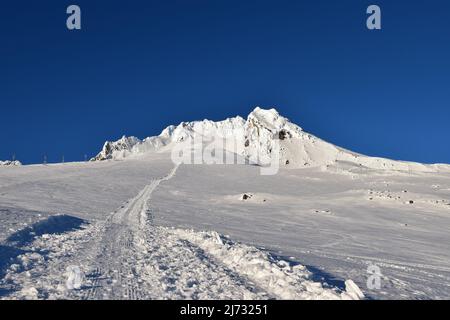 Landschaftsansichten auf dem präparierten unteren Abschnitt der Südseite des Kletterers zum Gipfel des Mt Hood, dem höchsten Berg von Oregon, im Januar 2022. Stockfoto