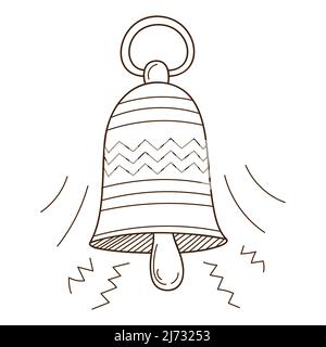 Eine klingelnde gelbe kleine Glocke. Designelement mit Umriss. Doodle, handgezeichnet. Schwarz-weiße Vektorgrafik. Isoliert auf weißem Hintergrund. Stock Vektor