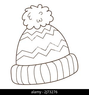 Ein Hut mit Pompon. Herbst- und Winterkleidung. Designelement mit Umriss. Das Thema Winter, Herbst. Doodle, handgezeichnet. Schwarz-weiß Vektor-illuu Stock Vektor