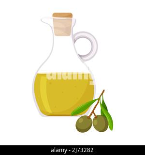 Olivenöl in einem Krug. Und ein Zweig eines Olivenbaums mit grünen Oliven. Gesunde Lebensmittel, eine Zutat. Flach, im Cartoon-Stil. Farbe Vektor Illustration isola Stock Vektor