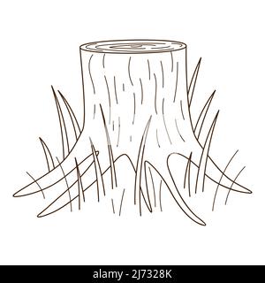 Ein Baumstumpf. Wald, Natur. Dekoratives Element mit Umriss. Doodle, handgezeichnet. Schwarz-weiße Vektorgrafik. Isoliert auf einem weißen Backgr Stock Vektor