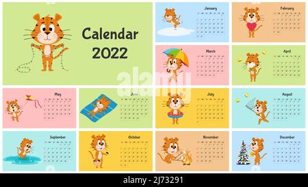 Kalendervorlage Für Vertikale Wand 2022. Die Woche beginnt am Sonntag. Ready-to-Print-Kalender mit chinesischen Jahr Symbol Cartoon Tiger. Ein Satz von 12 Seiten und ein c Stock Vektor