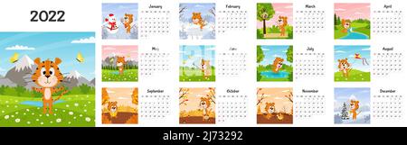 Horizontale Desktop-Kalendervorlage 2022. Die Woche beginnt am Sonntag. Ready-to-Print-Kalender mit chinesischen Jahr Symbol Cartoon Tiger. Ein Satz von 12 Seiten Stock Vektor