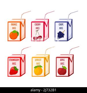 Ein Satz verschiedener Säfte in einem Karton mit einem Strohhalm. Obst- und Beerensäfte. Babynahrung, frisches Sommergetränk. Flach, im Cartoon-Stil. Farbvektor il Stock Vektor