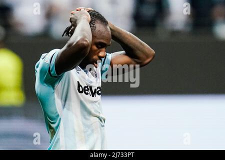 05. Mai 2022, Hessen, Frankfurt/Main: Fußball: Europa League, Eintracht Frankfurt - West Ham United, K.O.-Runde, Halbfinale, zweite Etappe im Deutsche Bank Park, West Ham United's Michail Antonio reagiert während des Spiels. Foto: Uwe Anspach/dpa Stockfoto