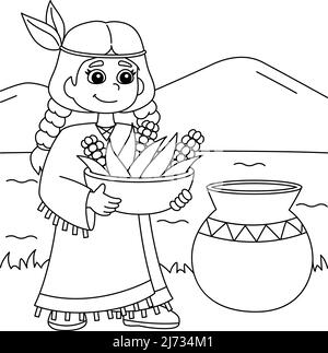 Thanksgiving Native Girl Mit Hühnern Malseite Stock Vektor