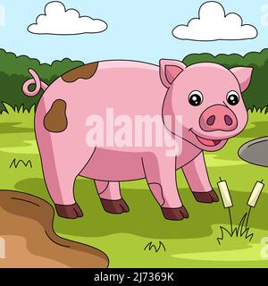 Schwein Farbige Cartoon Farm Illustration Stock Vektor