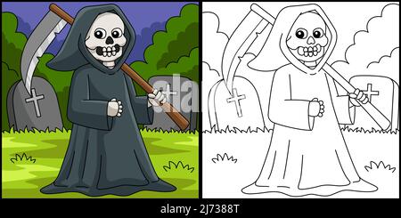 Abbildung Der Seite „Grim Reaper Halloween Coloring“ Stock Vektor