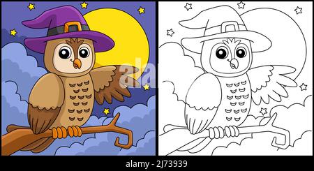 Abbildung Der Seite „Eule Witch Hat Halloween Coloring“ Stock Vektor