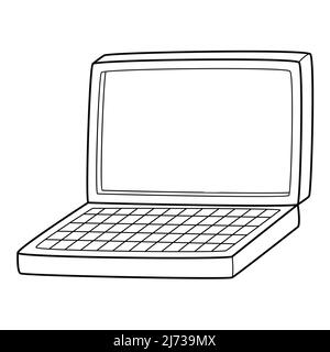 Ein offener Laptop mit Tastatur und leerem Bildschirm. Ein Symbol für Wirtschaft, Bildung, Lernen. Platz für Text. Handgezeichnete Schwarz-Weiß-Vektorillust Stock Vektor