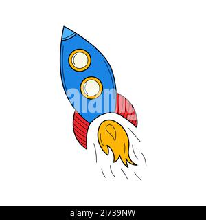 Eine fliegende Rakete. Doodle. Ein Startsymbol. Handgezeichnete bColorful Vektorgrafik. Die Designelemente sind auf weißem Hintergrund isoliert Stock Vektor