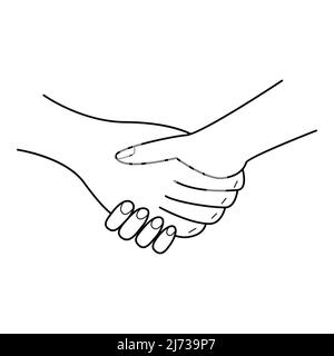 Die Hand schüttelt die Hand. Eine Geste des Händeschüttelens. Ein Symbol für den Abschluss eines Vertrags, einer Transaktion, einer Einwilligung, einer Begrüßung. Handgezeichnete schwarz-weiße ve Stock Vektor