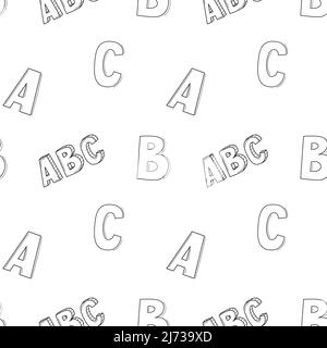 Schule einfaches nahtloses Muster mit den Buchstaben ABC. Schwarz-weißer Hintergrund mit isolierten handgezeichneten Doodle-Umrisselementen. Vektorgrafik Stock Vektor